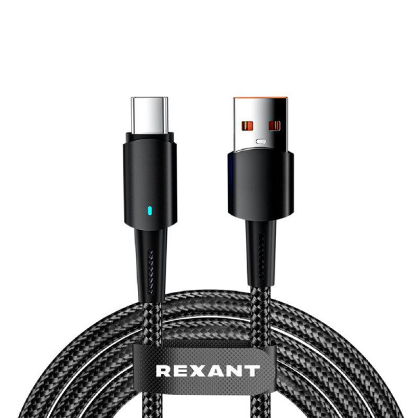 Кабель USB-A-Type-C 6А 66Вт 1м черн. нейлон. оплетка световая индикация Rexant 18-7064