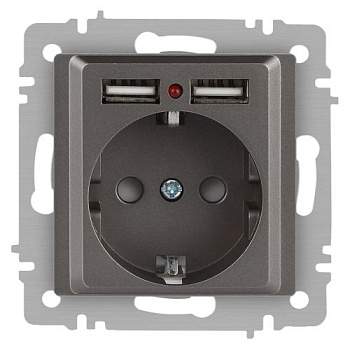 Розетка 1-м СП Accent 6-410-09 16А IP20 250В P+E Schuko + 2хUSB защ. шторки титан Intro Б0063711