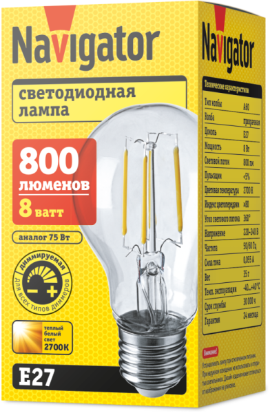 Лампа светодиодная 61 623 NLL-F-A60-8-230-2.7K-E27-DIMM 8Вт грушевидная прозрачная 2700К тепл. бел. E27 800лм 220-240В Navigator 61623