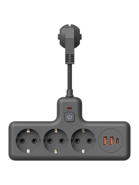 Удлинитель с сетевым фильтром 3х0.3м 10А 2USB + 1USBC 2500Вт ПВС 3х1 компакт черн. КОСМОС FRKsm0.3m-3g(B)USB