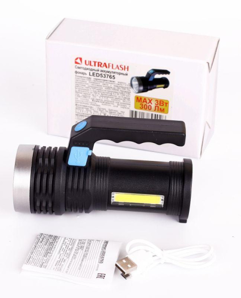 Фонарь аккумуляторный LED53765 2LED 3Вт 4 режима USB аккум. 4В черн. (бокс) Ultraflash 14665