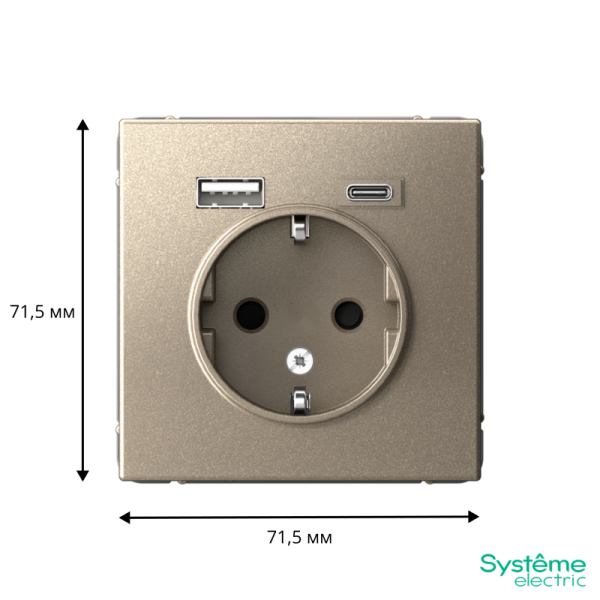 Розетка ArtGallery 16А с 2-мя заряд. устройствами USB A+C 5В/2.4А/3А 2х5В/1.5А механизм шампань SE GAL000532