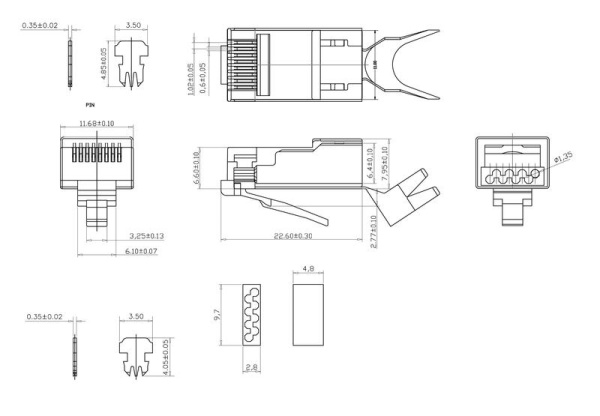 Коннектор 8P8C-SH-C6(1.35)-TWP RJ45(8P8C) под витую пару кат.6 экранир. универс. для ОЖ и МЖ кабеля для проводников с толщ. по изоляции до 1.35мм со вставкой Cabeus 9543c