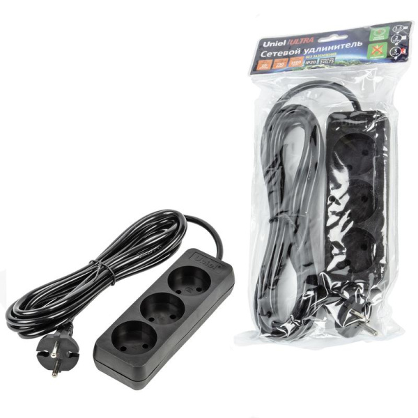 Удлинитель 3х3м без заземл. 10А Ultra S-CU3-3 BLACK черн. Uniel UL-00009983