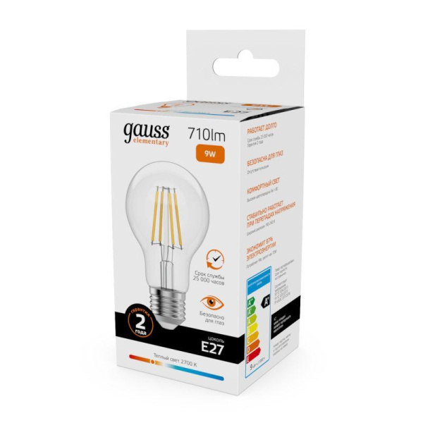 Лампа светодиодная филаментная Filament Elementary А60 9Вт 2700К Е27 710лм GAUSS 22219