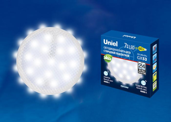 Лампа светодиодная LED-GX53-7W/4000K+4000K/GX53/PR PLB02WH 7Вт 4000К нейтр. бел. GX53 призма торц. подсветка (упак. картон) Uniel UL-00006498