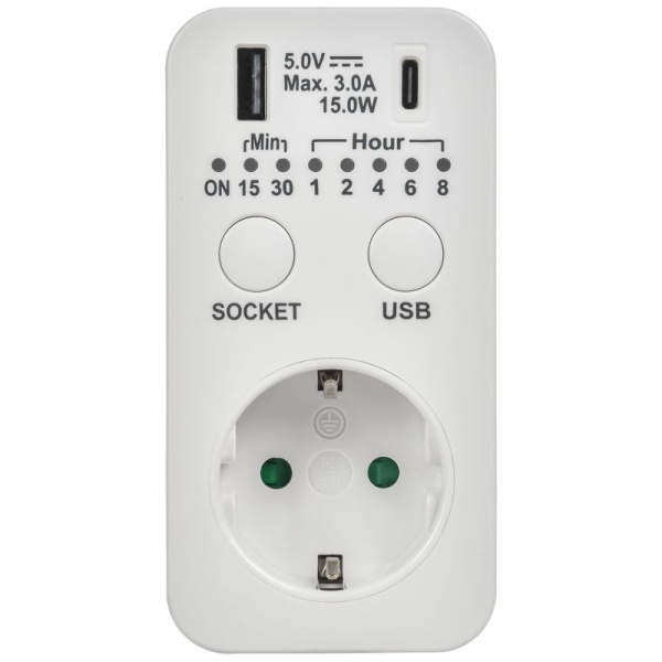 Розетка-таймер электронный РТЭ-4 16А IP20 с USB 15мин 8ч бел. IEK ERT12-1-16-O-15-2-20-K01