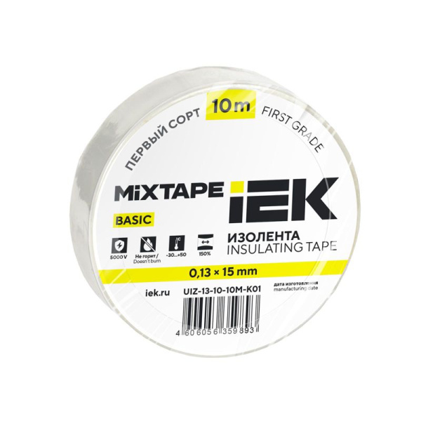 Изолента ПВХ 0.13х15мм (рул.10м) бел. IEK UIZ-13-10-10M-K01
