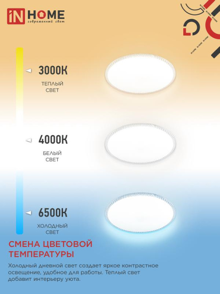 Светильник светодиодный NEO MYSTERY-125RGB-WH 125Вт 3000-6500К 10000лм 230В 465х70мм пульт ДУ бел. IN HOME 4690612062563