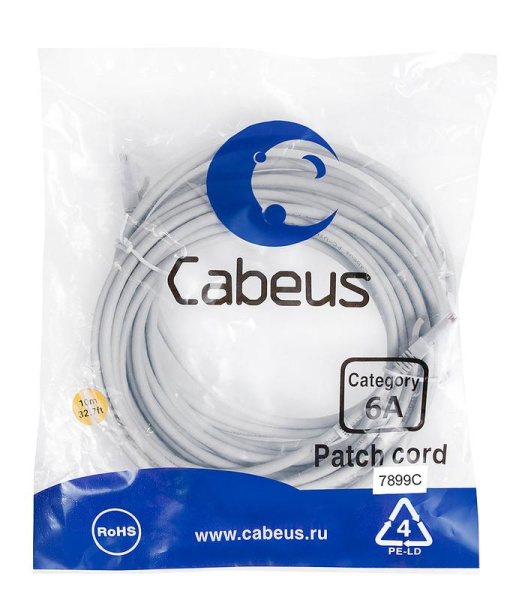 Патч-корд U/UTP кат.6A PC-UTP-RJ45-Cat.6a-10m-LSZH 2xRJ45/8p8c неэкранир. LSZH (10G) 10м сер. Cabeus 7899c