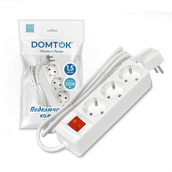Удлинитель 3х1.5м с заземл. 16А IP20 3.5кВт ПВС 3х1 с выкл. бел. DOMTOK 2379
