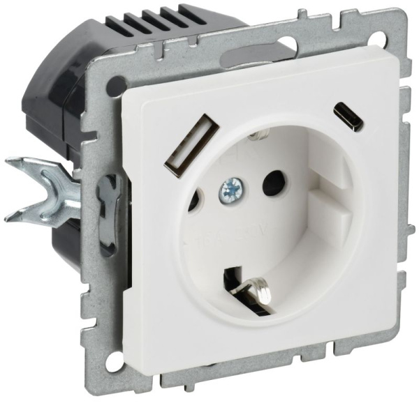 Розетка BRITE РЮш11-1-БрАБ 16А с USB A+C 18Вт с заземл. защ. шторки механизм арктич. бел. IEK BR-R14-16-U22-018-K91