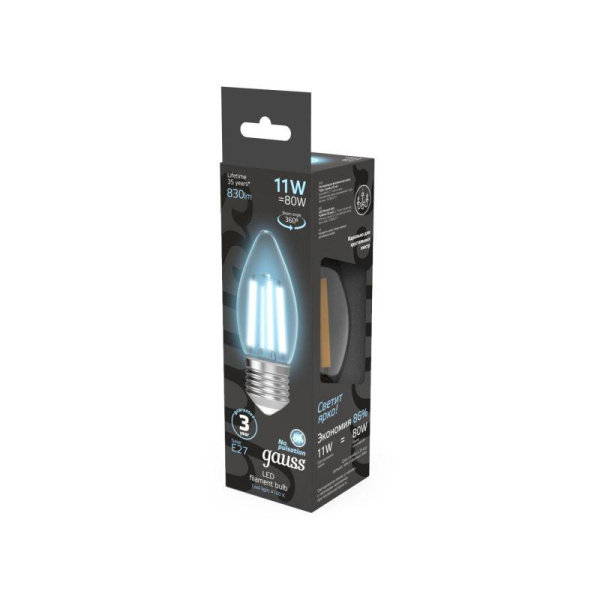 Лампа светодиодная филаментная Black Filament 11Вт свеча 4100К нейтр. бел. E27 830лм GAUSS 103802211