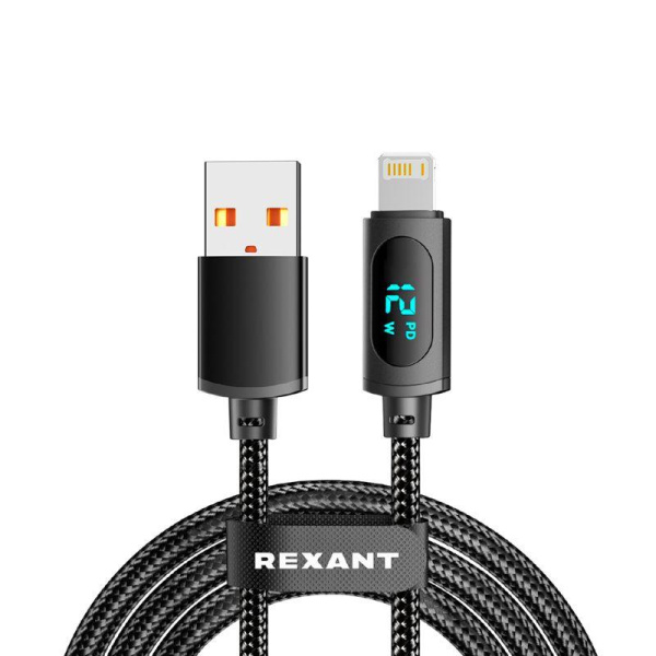 Кабель USB-A-Lightning для Apple 2.4А 1м черн. нейлон. оплетка LED дисплей Rexant 18-7062