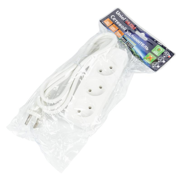 Удлинитель 3х1.5м без заземл. 10А Ultra S-CU3-15 WHITE бел. Uniel UL-00009979