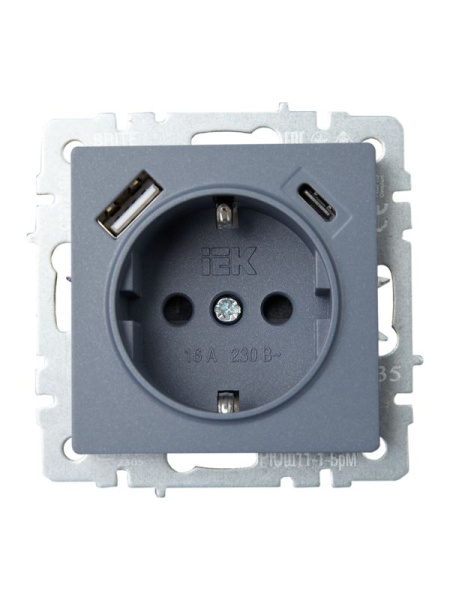 Розетка BRITE РЮш11-1-БрМ 16А с USB A+C 18Вт с заземл. защ. шторки механизм маренго IEK BR-R14-16-U22-018-K35