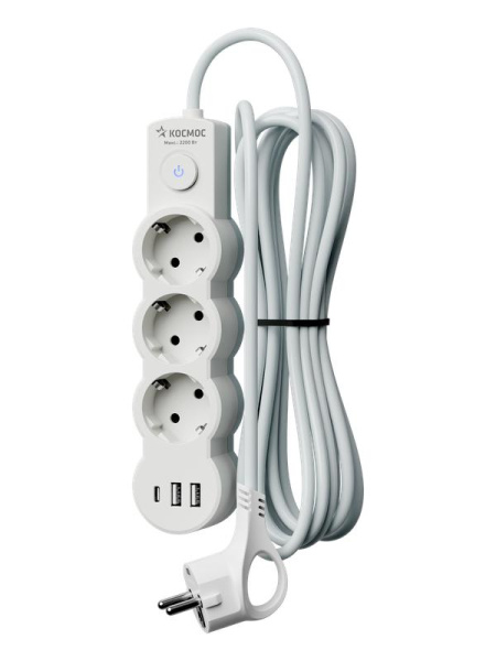 Удлинитель 3х5м с заземл. 10А IP20 USB 2800Вт 220В ПВС 3х1 с выкл. бел. КОСМОС YKsm5m3g-Z-VU10А-W