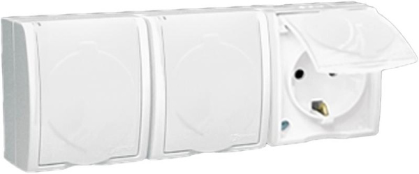 Розетка 3-м ОП Simon15 16А IP54 250В с заземл. Schuko защ. шторки с крышкой винт. клеммы бел. Simon 1594447-030