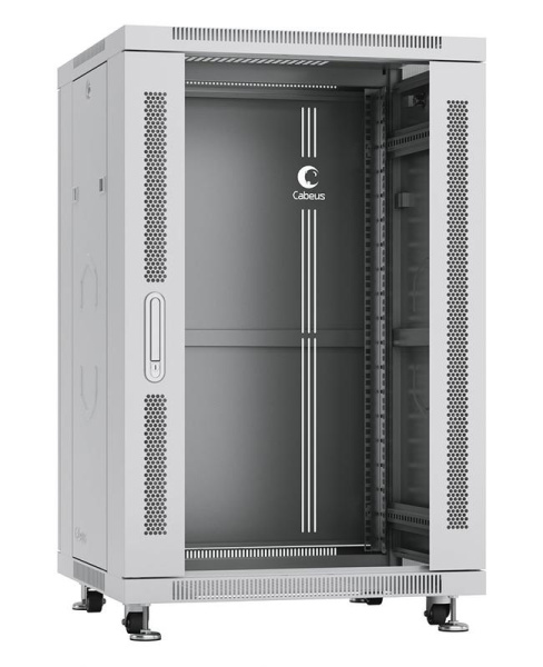 Шкаф монтажный телекоммуникационный напольный SH-05C-18U60/60 19дюйм 18U 600х600х988мм для распределит. и серверн. оборудования передн. стеклян. и задн. сплошн. метал. двери ручка с замком RAL сер. Cabeus 7043c