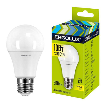 Лампа светодиодная LED-A60-10W-E27-3000K 10Вт грушевидная матовая 3000К тепл. бел. E27 220-240В ЛОН Ergolux 12148