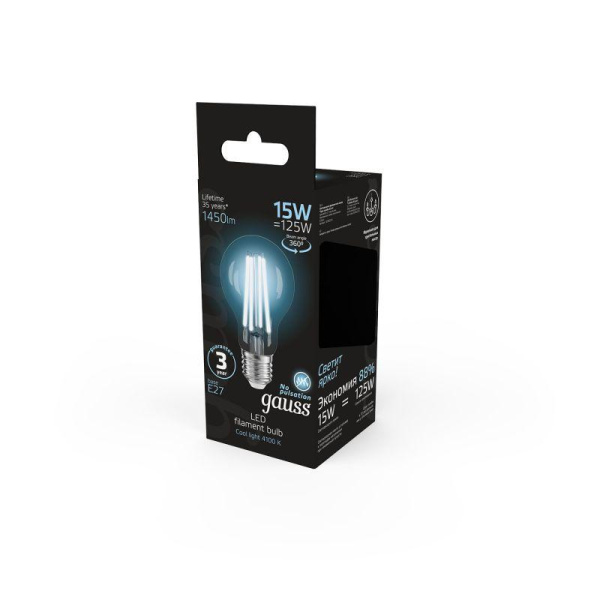Лампа светодиодная филаментная Black Filament 15Вт A60 грушевидная 4100К нейтр. бел. E27 1450лм GAUSS 102902215