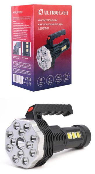 Фонарь аккумуляторный LED51537 4В 16LED 3Вт 4 реж. Micro USB черн. (бокс) Ultraflash 15193