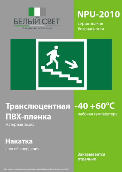 Знак безопасности NPU-2110.E13 "Направление к эвакуационному выходу по лестнице вниз (правосторонний)" Белый свет a11854
