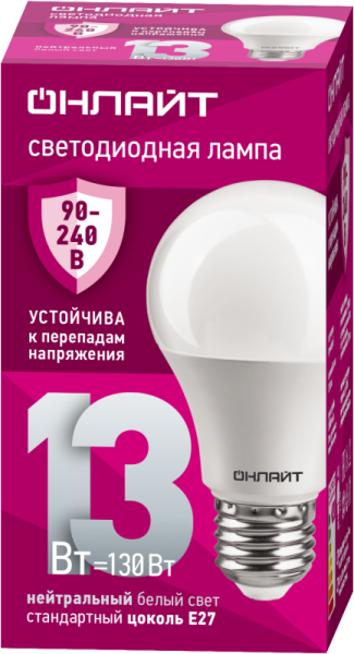 Лампа светодиодная 90 401 OLL-A60-13-230-4K-E27 13Вт грушевидная 4000К E27 90-240В PRO ОНЛАЙТ 90401