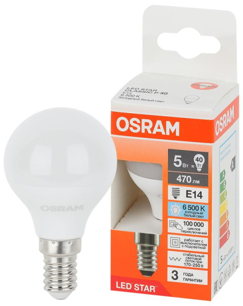 Лампа светодиодная LED Star 5Вт 6500К холод. бел. E14 470лм P угол пучка 180град. 170-250В (замена 40Вт) матов. пластик OSRAM 4058075695894