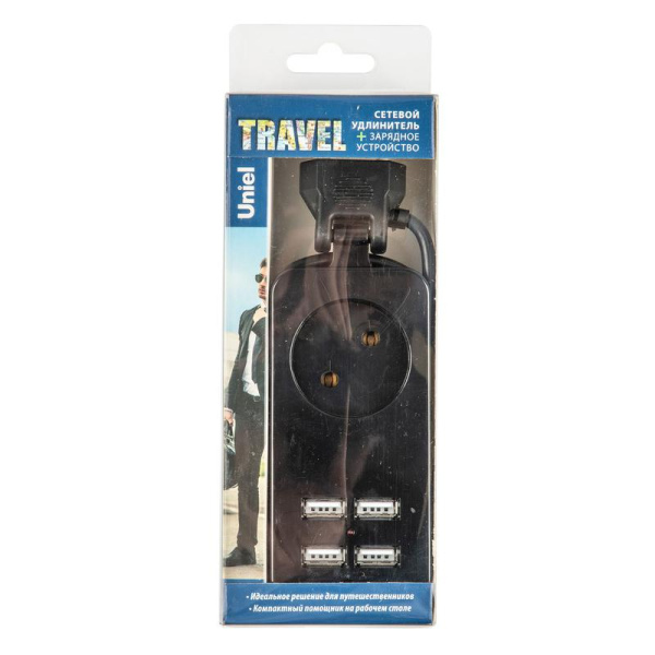 Удлинитель 1х1.5м без заземл. 10А Travel S-CT1-1.5U BLACK 4USB (21А) черн. Uniel UL-00011133