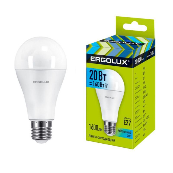 Лампа светодиодная LED-A65-20W-E27-4K 20Вт грушевидная матовая 4000К бел. E27 220-240В ЛОН Ergolux 13183