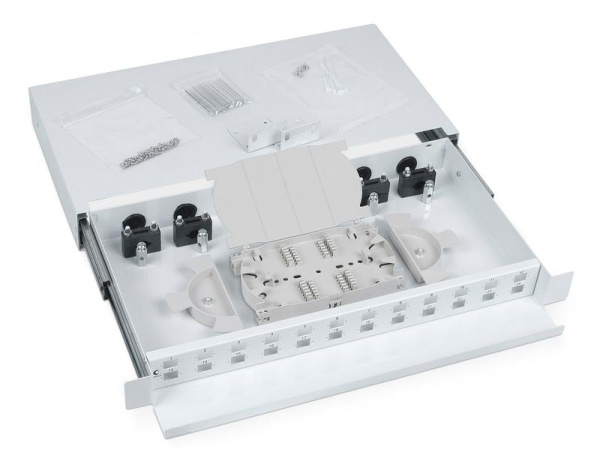Кросс бокс оптический ODF-19-24-SC 19дюйм на 24 SC LC duplex со сплайс-кассетой выдвижной без пигтейлов и проходных адаптеров Cabeus 7302c