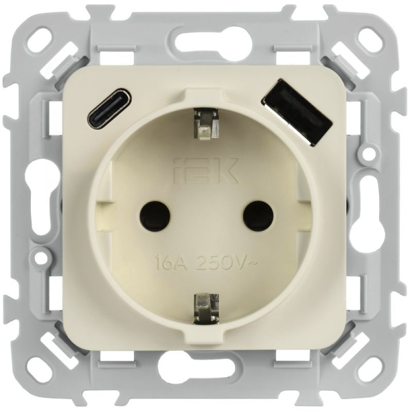 Розетка 1-м СП FLITE РСЮшс11-1-ФлСл 16А с USB A+C 20Вт с заземл. с защ. шторками безвинтовое крепление механизм сливочный IEK FI-R14-16-1-U22-020-K86