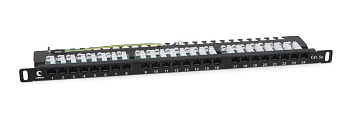 Патч-панель 19дюйм 0.5U 24 порта RJ45 кат.5E Dual IDC 90град. высокой плотности с задн. кабельн. организатором Cabeus 9666c