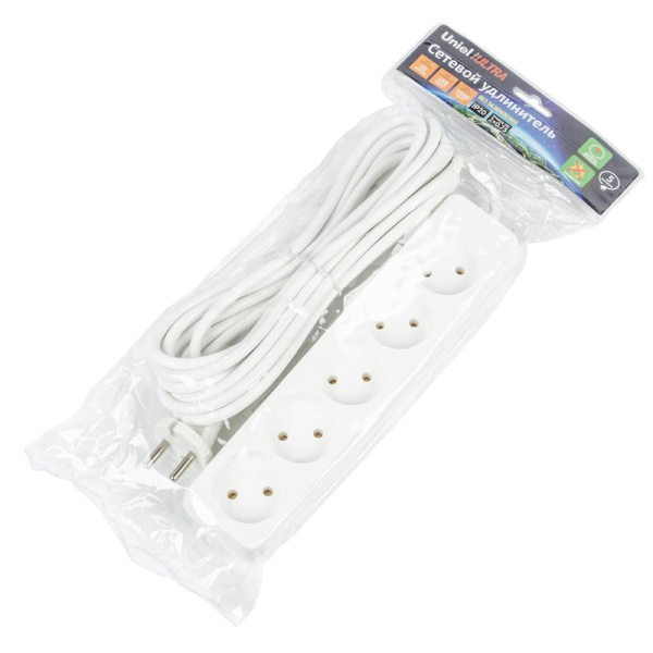 Удлинитель 5х5м без заземл. 10А Ultra S-CU5-5 WHITE бел. Uniel UL-00009991