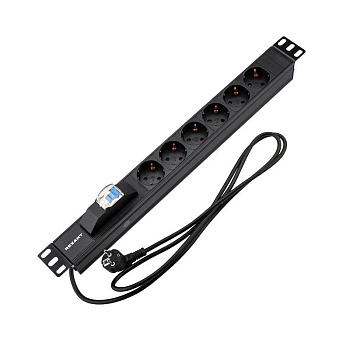 Блок распределения питания PDU 6 розеток СЕЕ 7/4 Schuko 16А автомат защиты вилка СЕЕ 7/7 горизонт. шнур 2м корпус алюм. Rexant 04-0103-1