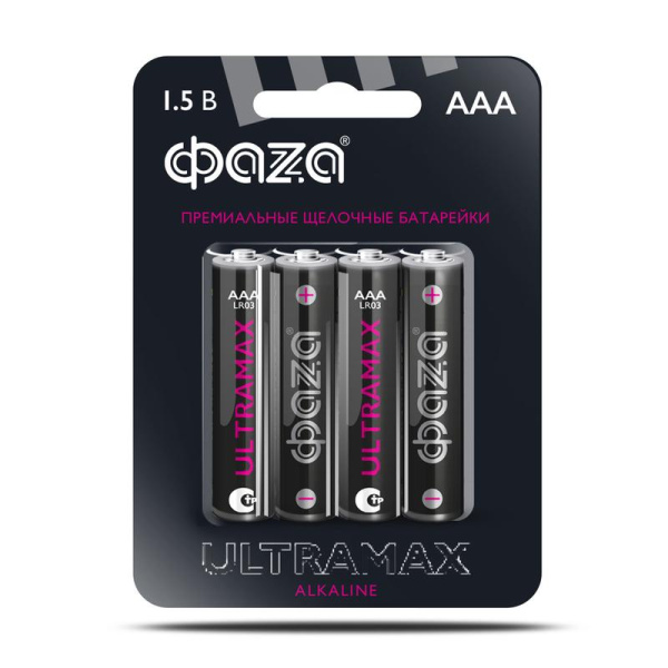Элемент питания алкалиновый AAA/LR03 1.5В ULTRAMAX LR03UM-B4 BL-4 (уп.4шт) ФАZА 5043084