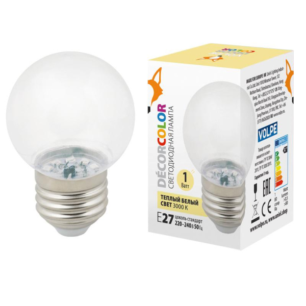 Лампа светодиодная декоративная LED-G45-1W/3000K/E27/CL/С "шар" прозр. теплый бел. свет (3000К) картон Volpe UL-00005807