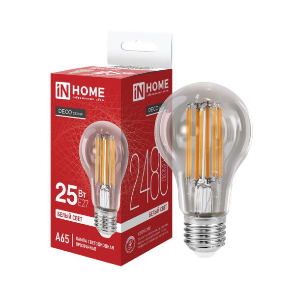 Лампа светодиодная филаментная LED-A65-deco грушевидная прозрачная 25Вт 230В E27 4000К 2480лм IN HOME 4690612055947