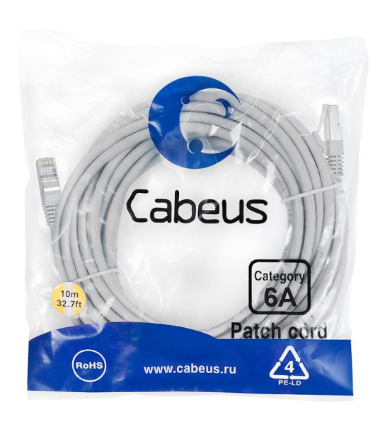 Патч-корд S/FTP кат.6A PC-SSTP-RJ45-Cat.6a-10m-LSZH 2хRJ45/8p8c экранир. LSZH (10G) 10м сер. Cabeus 7906c