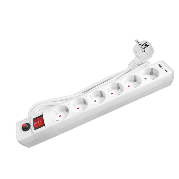 Удлинитель с сетевым фильтром 6х1.8м с заземл. 10А IP20 2.2кВт USB type-A + type-C ПВС 3х0.75 с выкл. бел. UNIVersal 2543