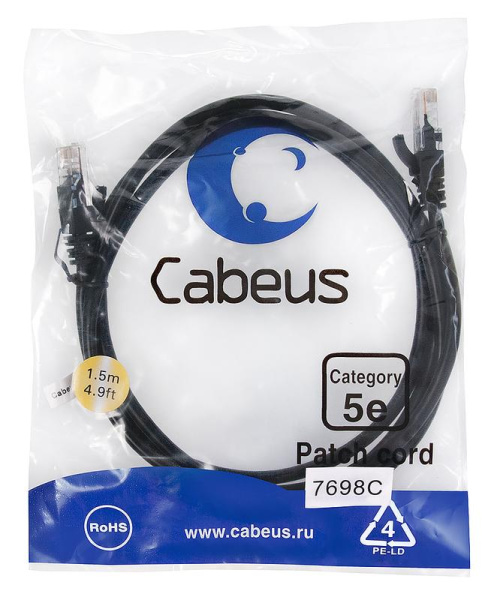 Патч-корд U/UTP кат.5E PC-UTP-RJ45-Cat.5e-1.5m-BK-LSZH 2xRJ45/8p8c неэкранир. LSZH 1.5м черн. Cabeus 9538c