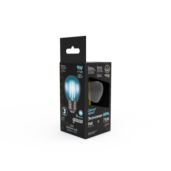 Лампа светодиодная филаментная Black Filament 9Вт P45 шар 4100К нейтр. бел. E27 710лм GAUSS 105802209