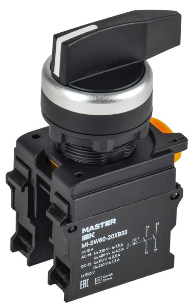 Переключатель 3 полож. 2НО возвратный длин. ручка MASTER IEK MI-SW60-20XB33-4-25-3-K02