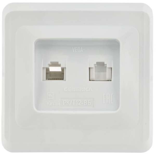 Розетка компьютерная + телефонная 2-м СП Вега РК/Т12-ВБ RJ45 + RJ11 бел. GENERICA EIV20-K01-DM