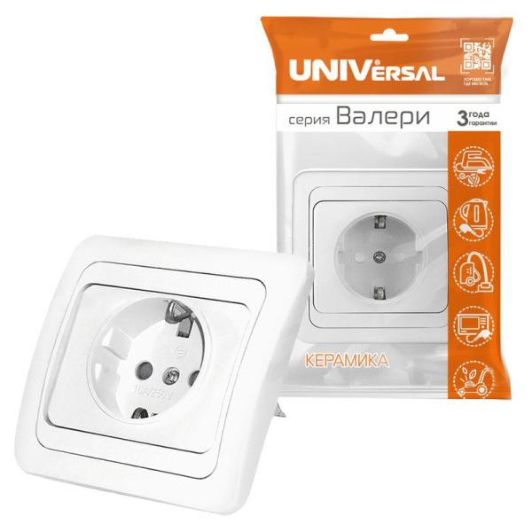 Розетка 1-м СП Валери 16А IP20 с заземл. защ. шторки бел. UNIVersal В0028х