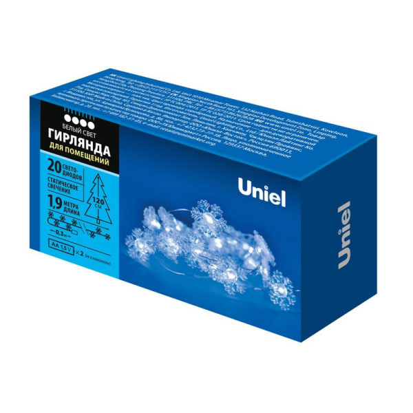 Гирлянда ULD-S1900-020/STB/2AA WHITE IP20 SNOWFLAKES MINI "Снежинки мини" 2AA (не в/к) 1.9м 20 LED провод прозр. Uniel UL-00008620