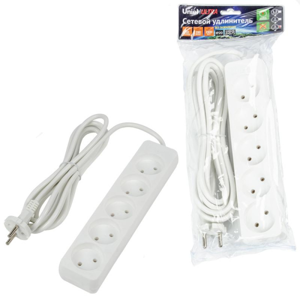 Удлинитель 5х3м без заземл. 10А Ultra S-CU5-3 WHITE бел. Uniel UL-00009990