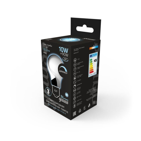 Лампа светодиодная филаментная Black Filament 10Вт A60 грушевидная матовая 4100К нейтр. бел. E27 860лм диммир. GAUSS 102202210-D