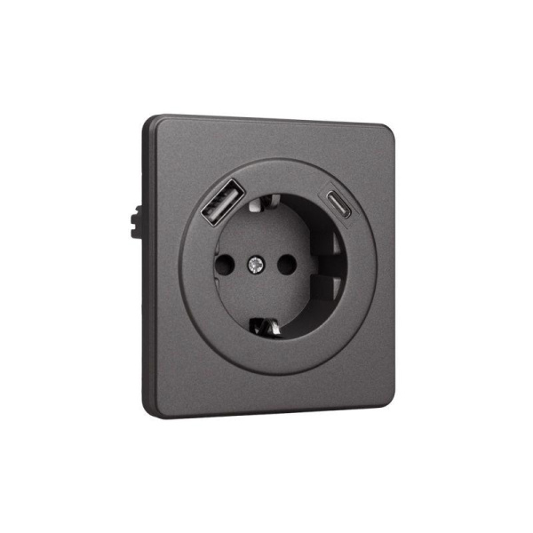 Розетка 1-м СП ROUND MIELE 16А с заземл. защ. шторки с USB A+C быстрой зарядки 5В/3А титан Kranz KR-78-0704-2
